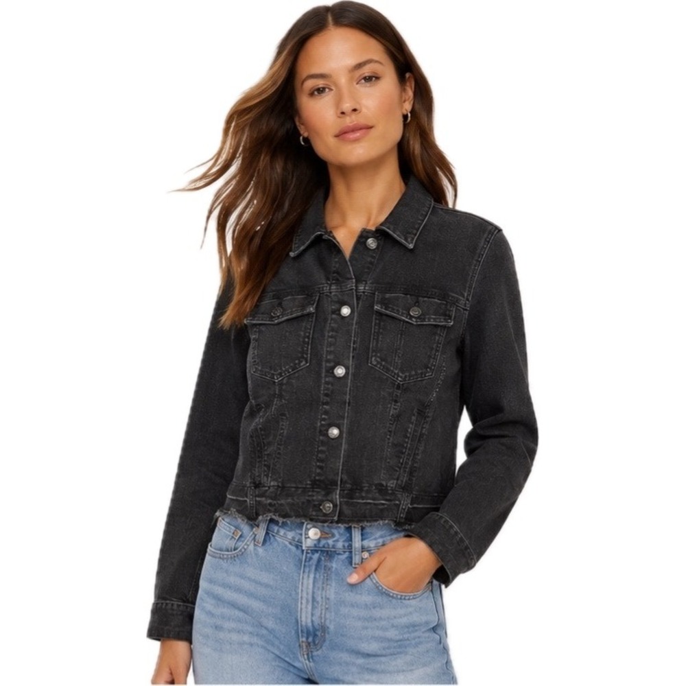 Banana Republic Women Denim Jacket Size L Black Washed Raw Hem Cropped Trucker